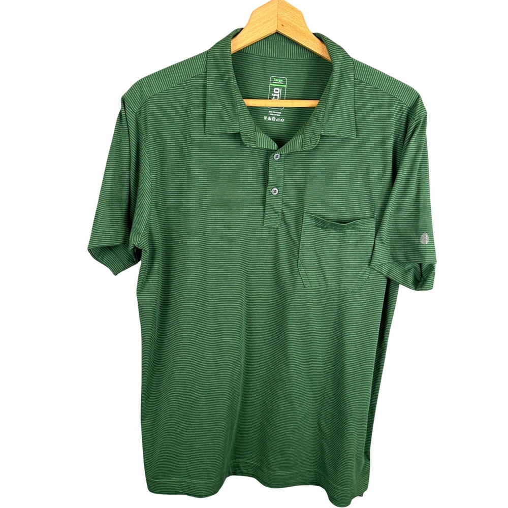 Stio Mens Green Striped Short Sleeve Pocket Polo Shirt Performance Large